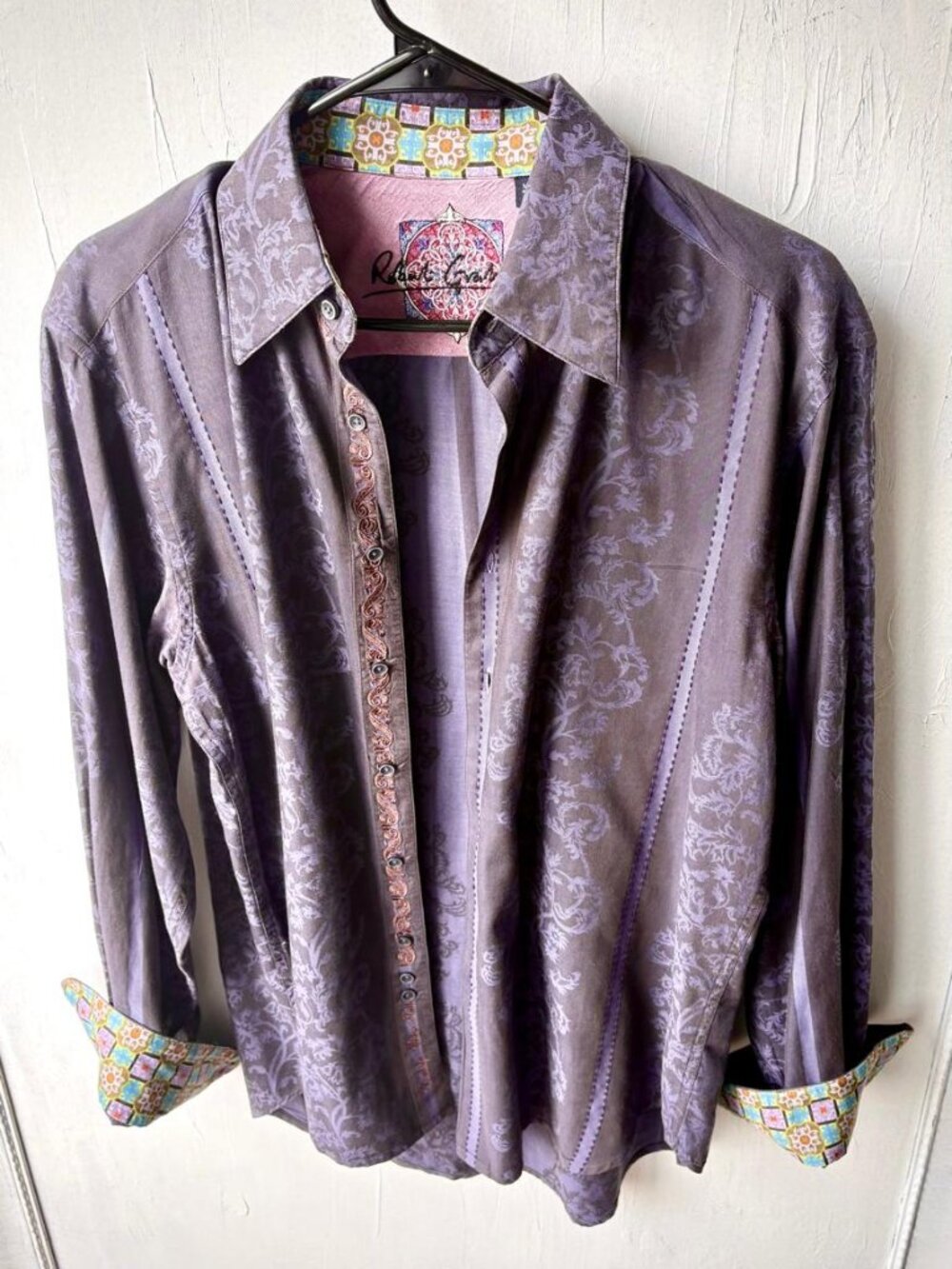 Robert Graham Casual Button-Down Shirt — Blue and Purple Stripes, Size M.